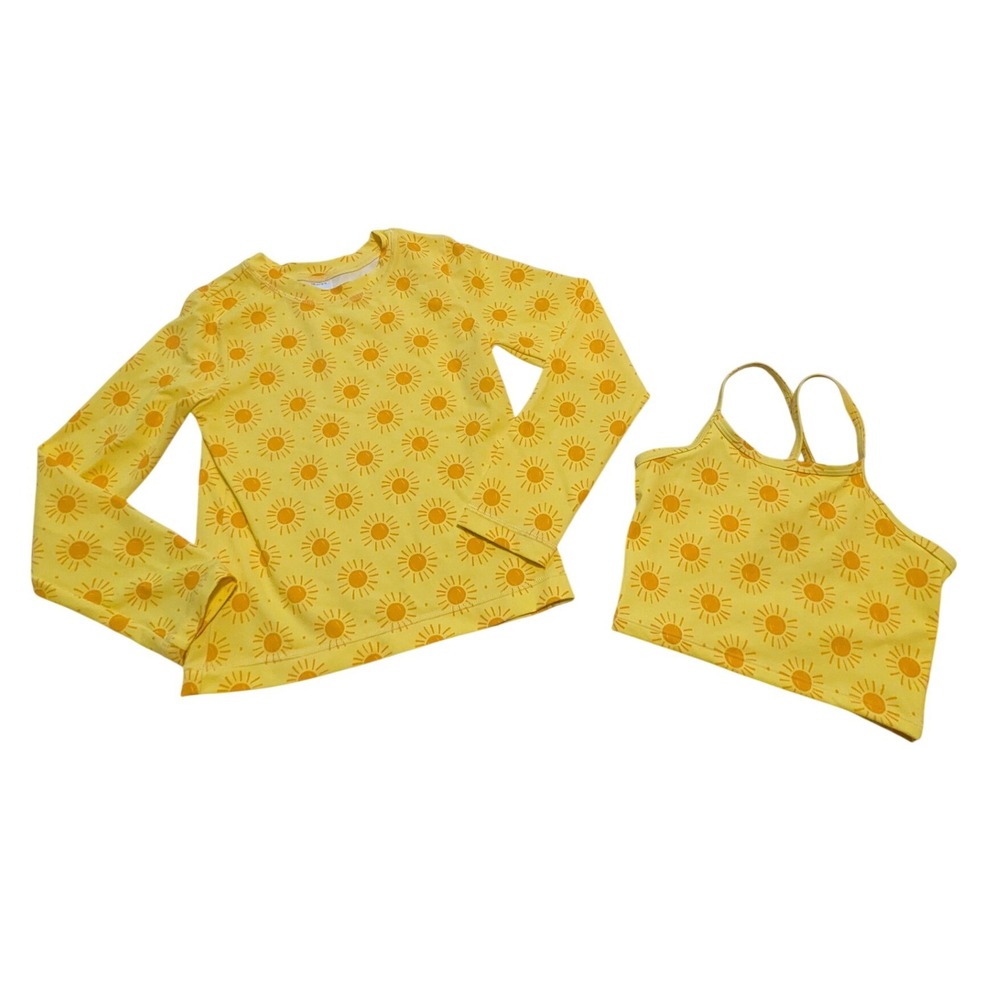 Hanna Andersson Rash Guard & Bikini Top Set Kids Sz 140 10 Yellow Sun Print Swim